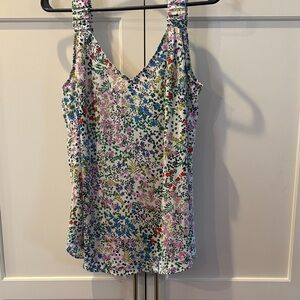 CAbi Floral V-Neck Camisole in White with Pink, Blue & Green